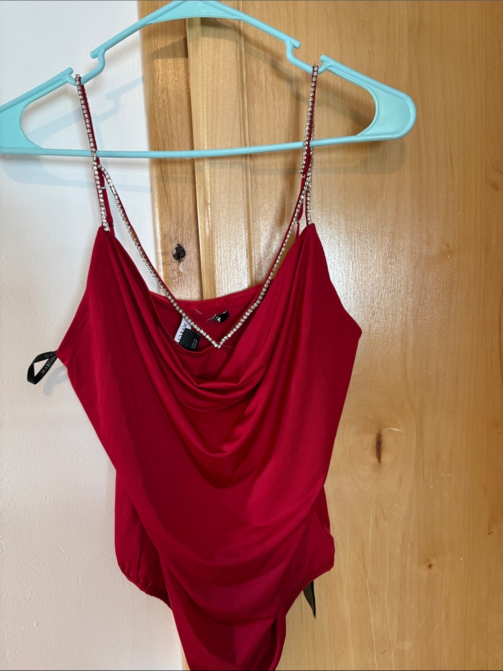 Guess by Marciano Red Cowl Neck Bodysuit with Rhinestone Straps